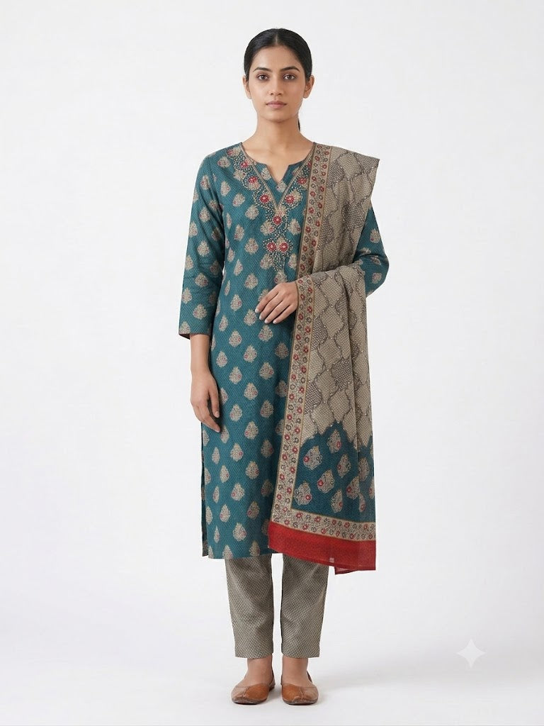 Teal Floral Printed Cotton Kurta Set with Dupatta