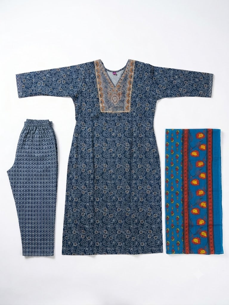 Indigo Blue Floral Printed Cotton Kurta Set with Contrast Dupatta