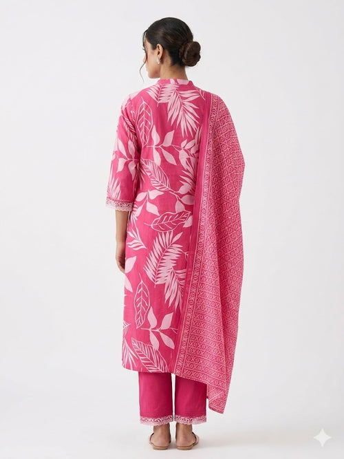 Fuchsia Pink Printed Cotton Kurta Set with Dupatta