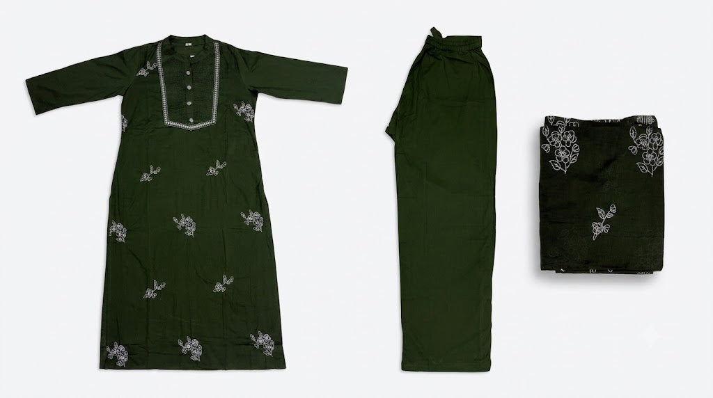 Women Dark Forest Green Embroidered Kurta Set with Dupatta & Pants | Festive Ethnic Wear