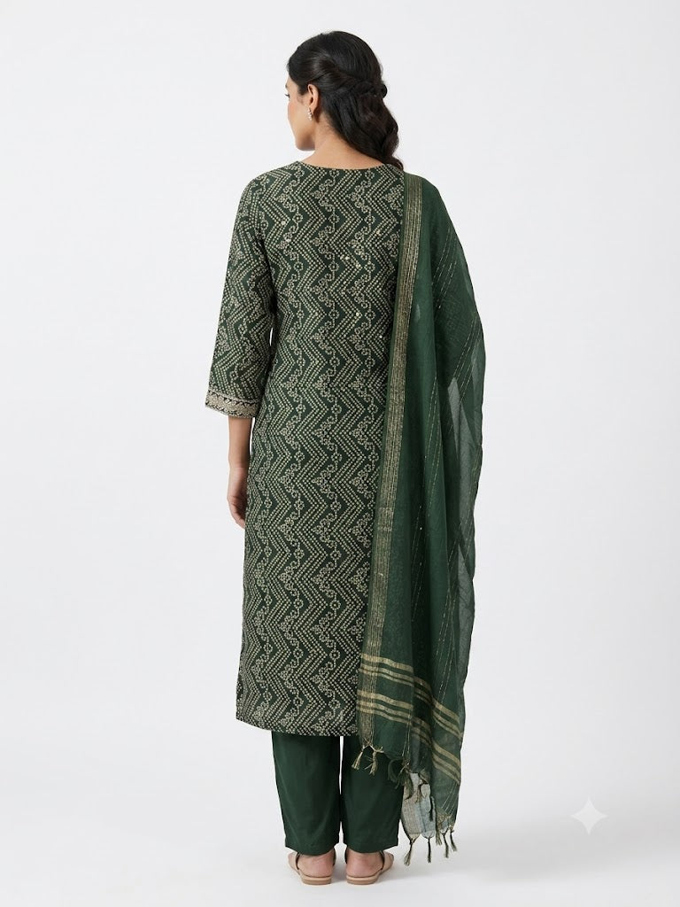 Olive Green Geometric Printed Cotton Kurta Set with Dupatta