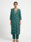 Teal Jacquard Cotton Kurta Set with Dupatta