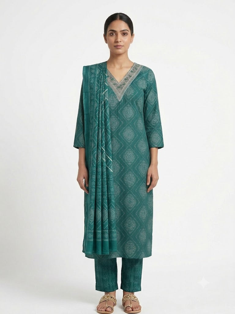 Teal Jacquard Cotton Kurta Set with Dupatta