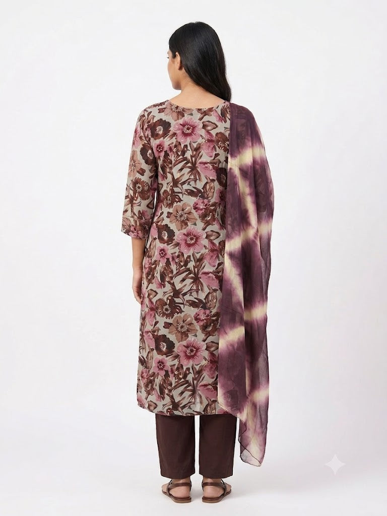 Taupe Floral Printed Cotton Kurta Set with Tie-Dye Dupatta