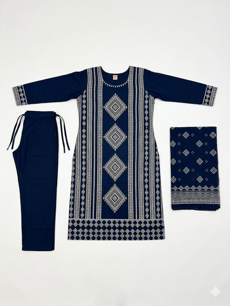 Women Navy Blue Geometric Printed Kurta Set with Dupatta & Pants | Traditional Ethnic Suit