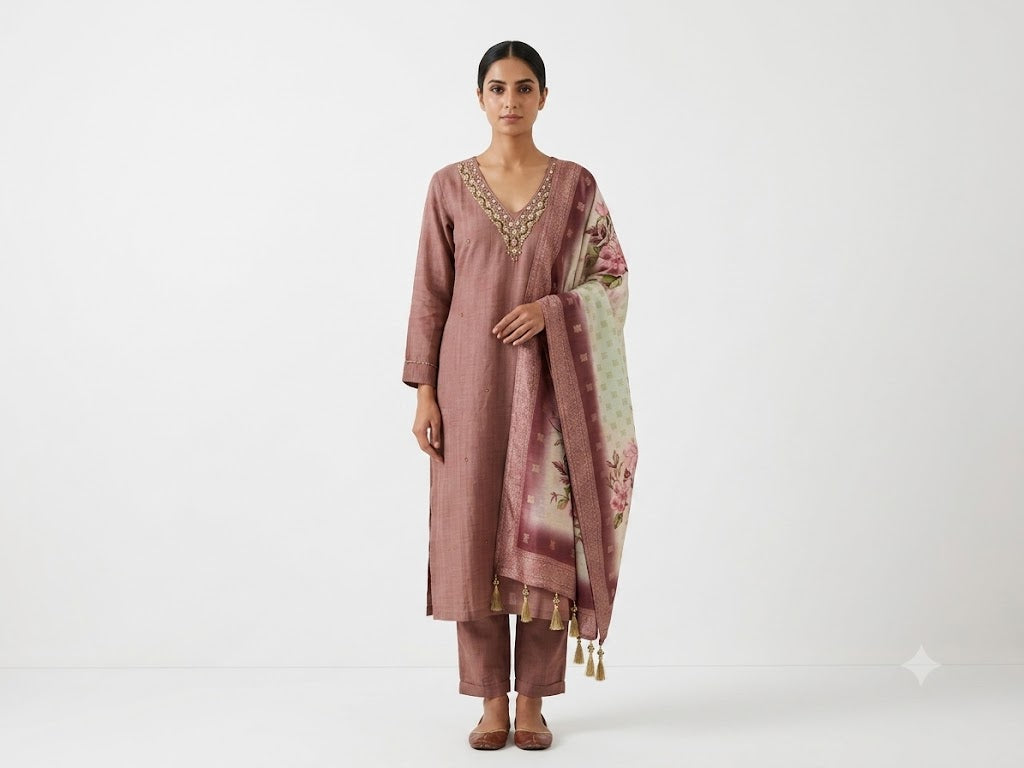 Women's Dusty Mauve Embroidered Kurta Pant with Floral Printed Dupatta | 3-Piece Ethnic Suit Set