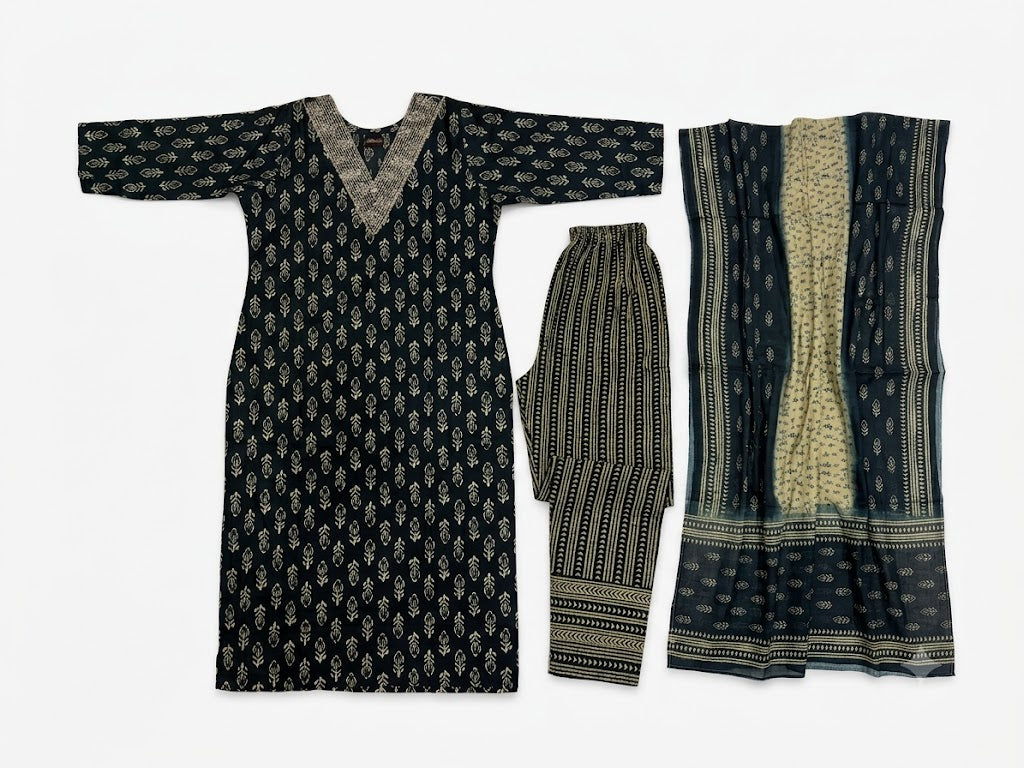 Black Ethnic Printed Cotton Kurta Set with Dupatta