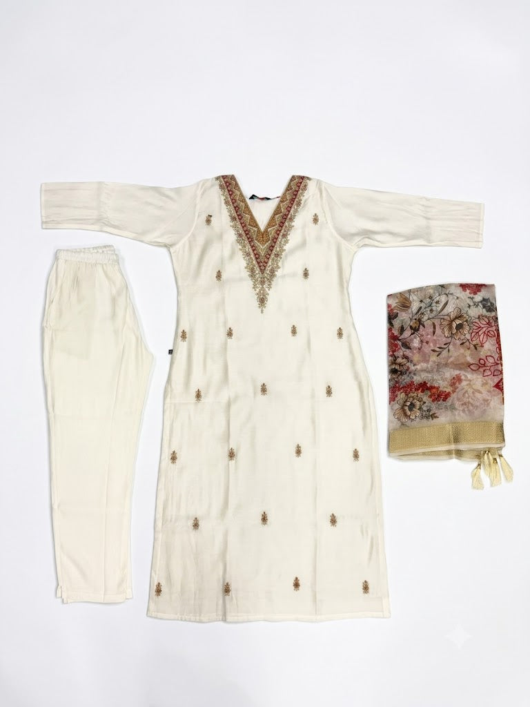 Women Off-White Embroidered Straight Kurta with Pants & Floral Printed Dupatta | Ethnic Kurta Set (3-Piece)