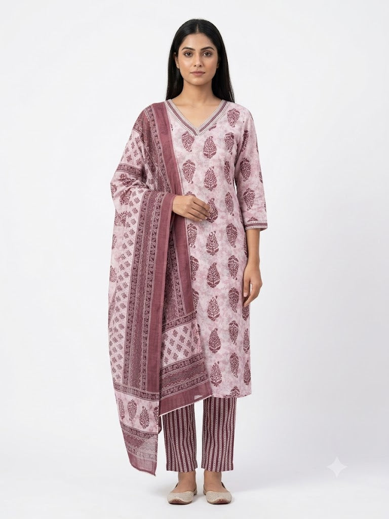Blush Pink Paisley Printed Cotton Kurta Set with Dupatta