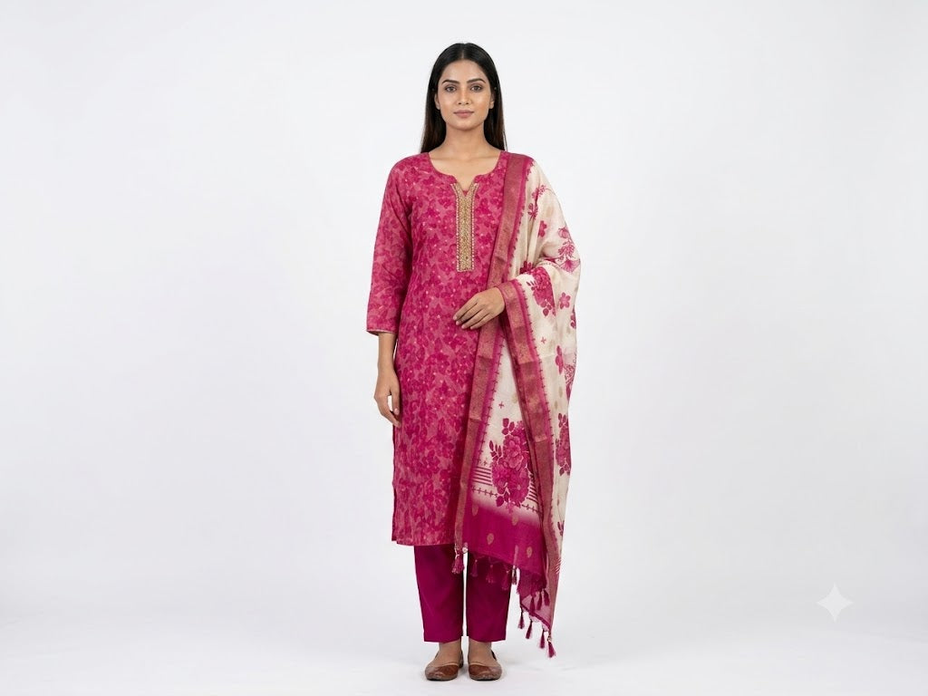 Fuchsia Pink Printed Cotton Kurta Set with Floral Dupatta
