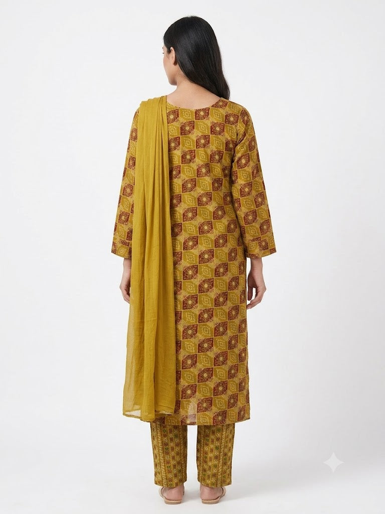 Mustard Geometric Printed Cotton Kurta Set with Dupatta