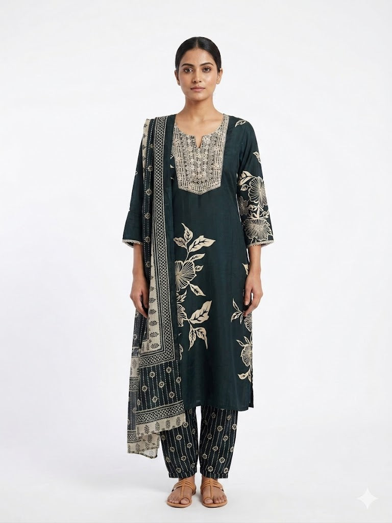 Teal Floral Printed Cotton Kurta Set with Dupatta