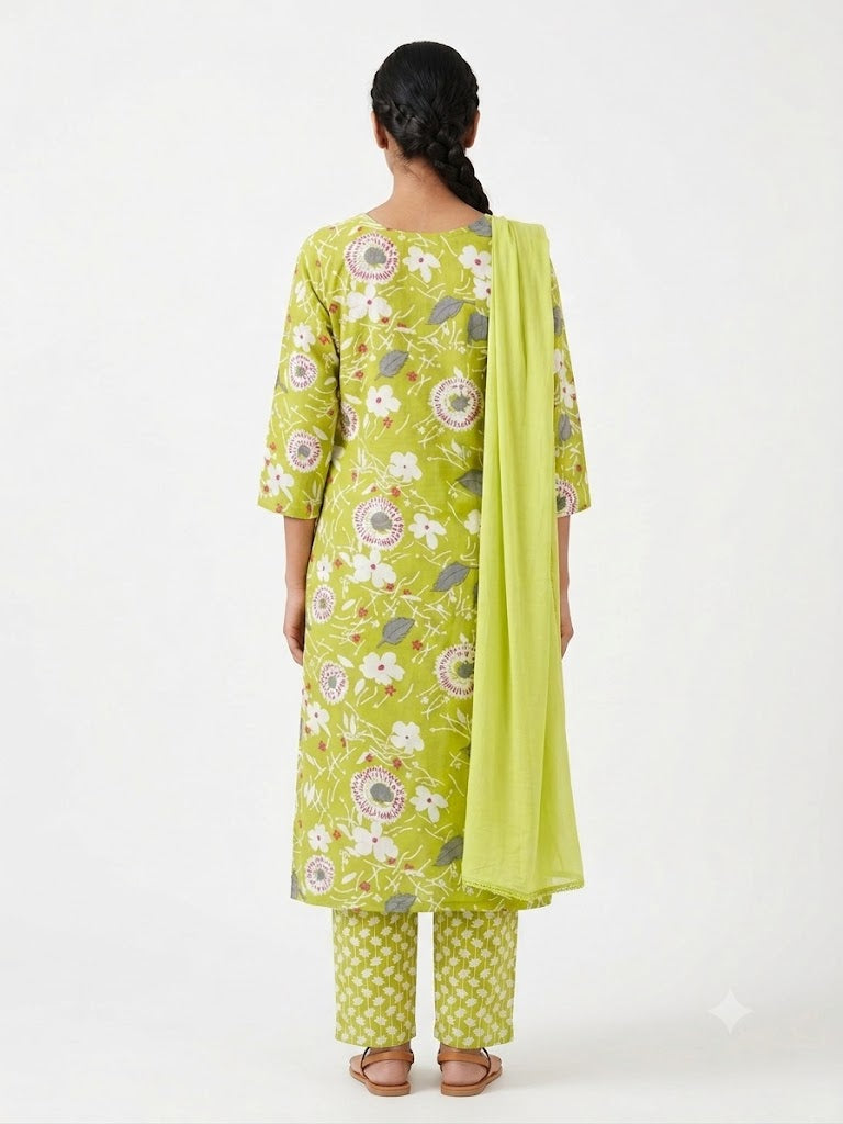 Lime Green Floral Printed Cotton Kurta Set with Dupatta