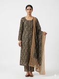 Charcoal Paisley Printed Cotton Kurta Set with Dupatta