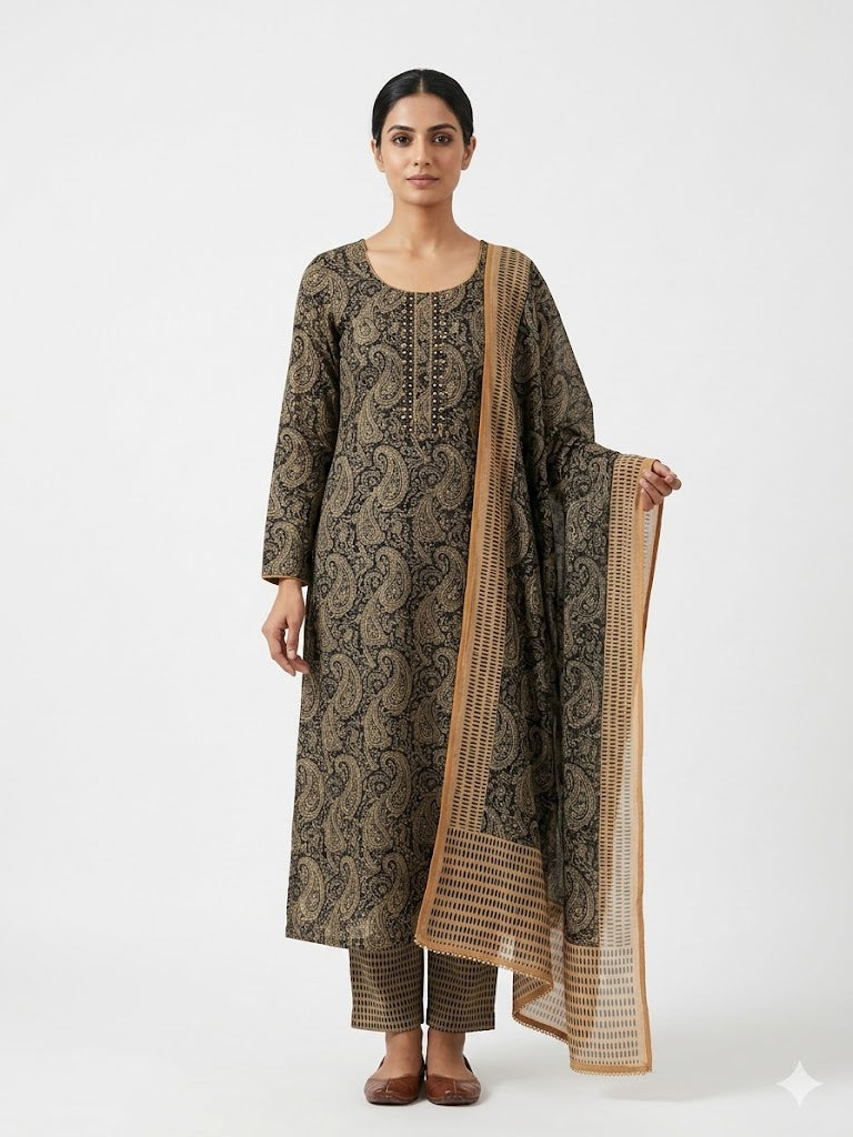 Charcoal Paisley Printed Cotton Kurta Set with Dupatta