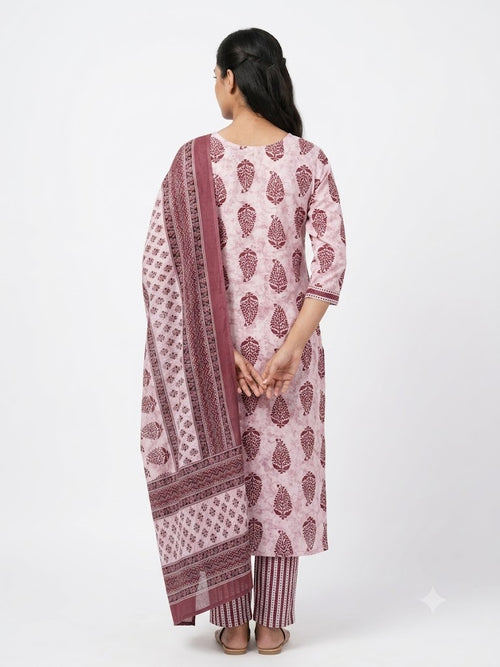Blush Pink Paisley Printed Cotton Kurta Set with Dupatta
