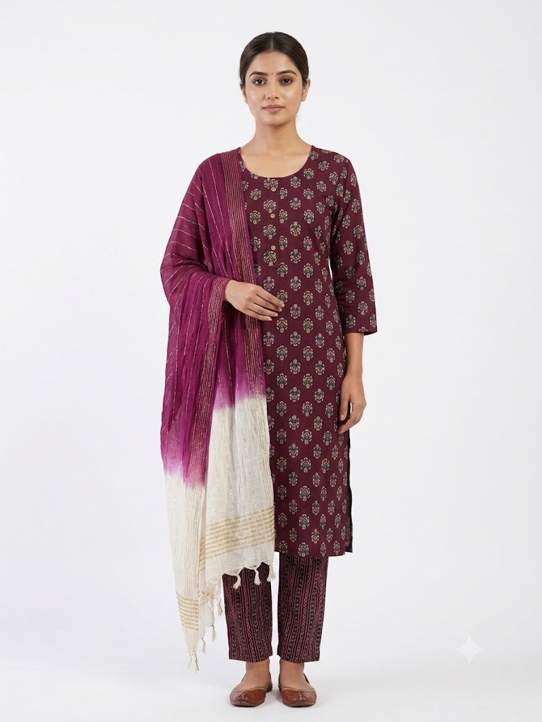 Wine Floral Printed Cotton Kurta Set with Ombre Dupatta
