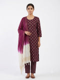 Wine Floral Printed Cotton Kurta Set with Ombre Dupatta