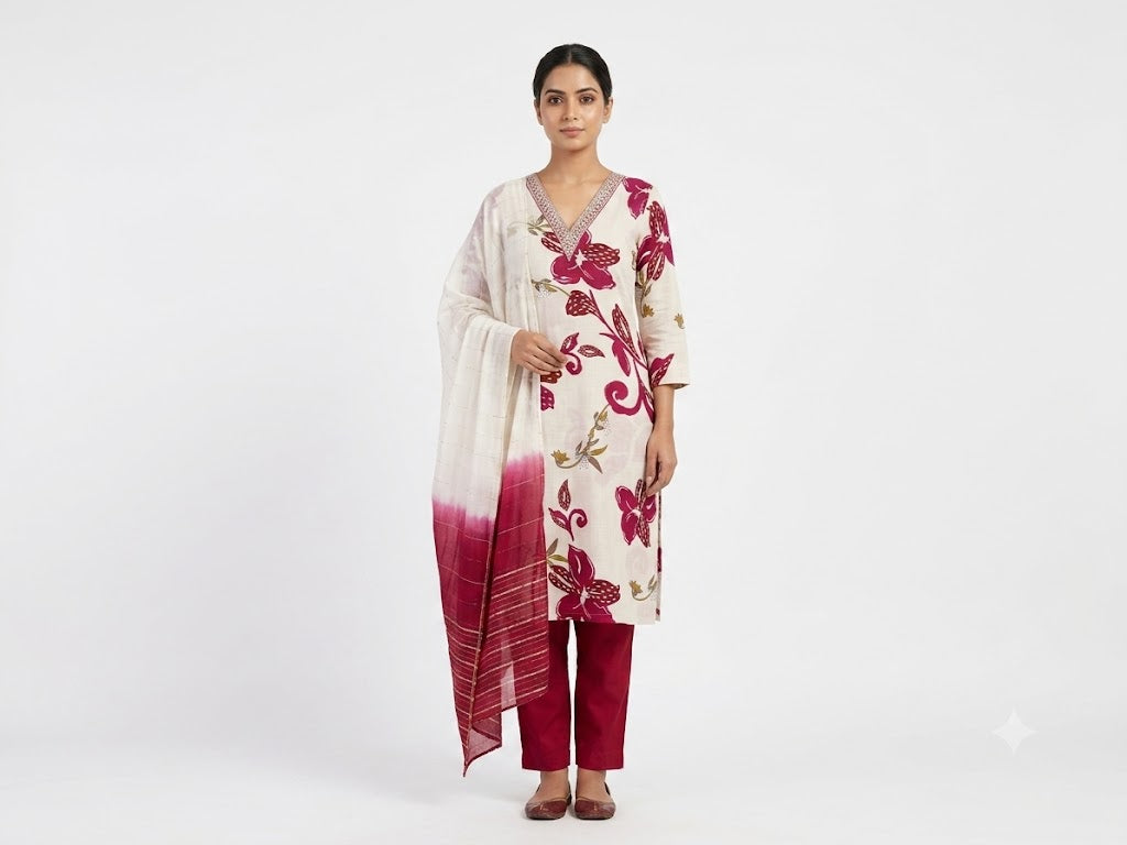 White Floral Printed Cotton Kurta Set with Ombre Dupatta