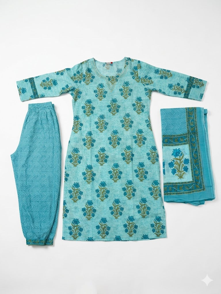 Women Sky Blue Floral Printed Kurta Set with Dupatta & Pants | Elegant Ethnic Suit Set