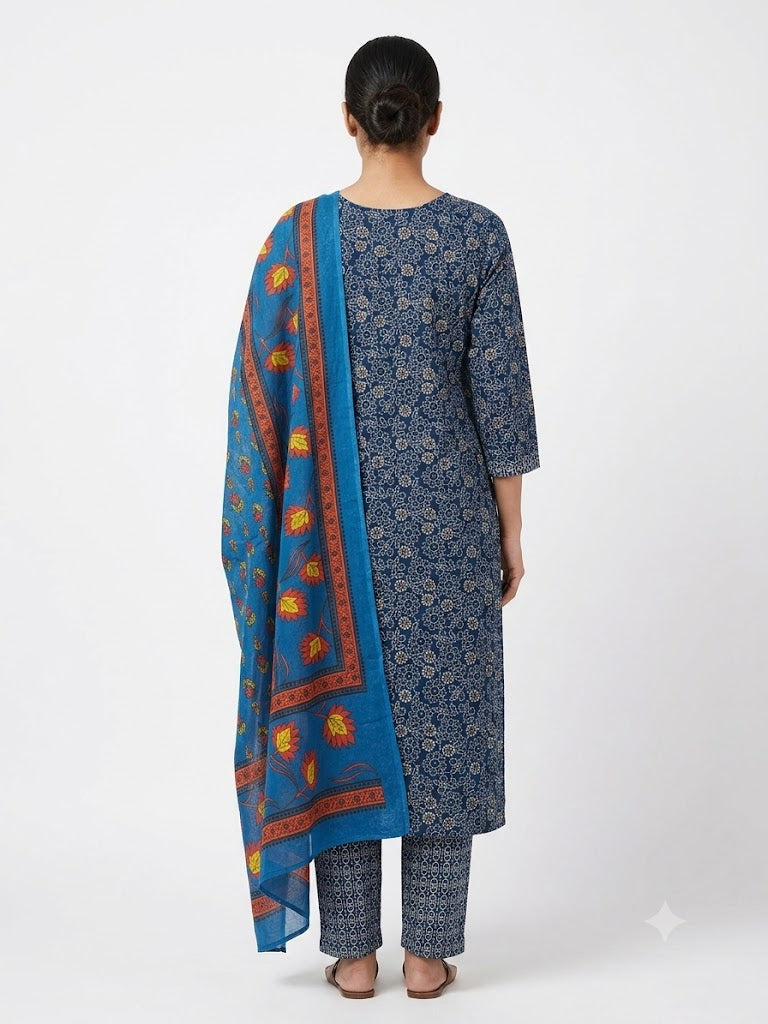 Indigo Blue Floral Printed Cotton Kurta Set with Contrast Dupatta