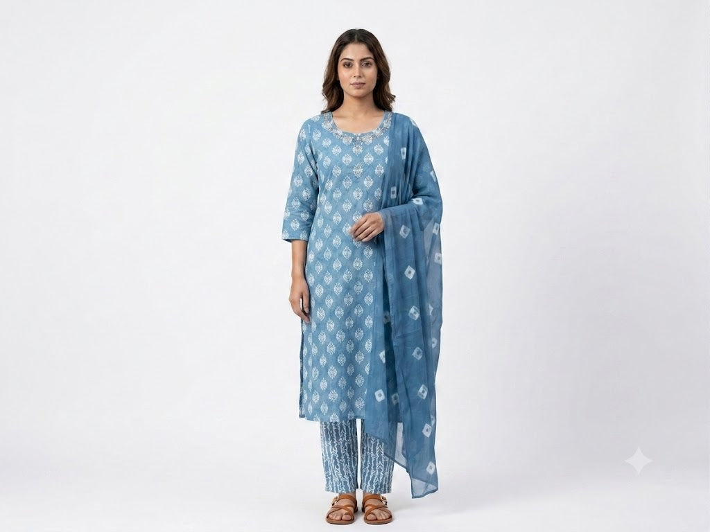 Powder Blue Buti Printed Cotton Kurta Set with Dupatta