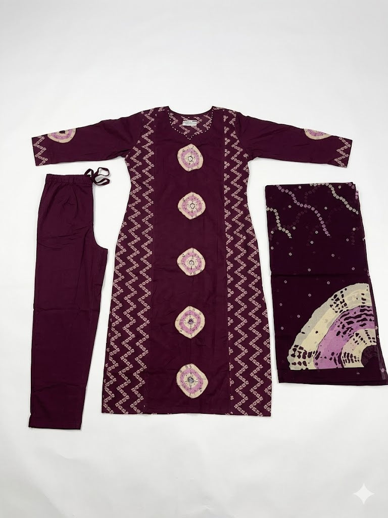 Plum Abstract Printed Cotton Kurta Set with Dupatta