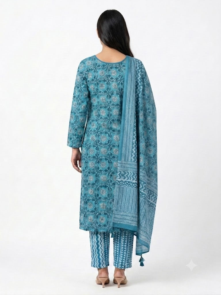 Sky Blue Floral Printed Cotton Kurta Set with Dupatta