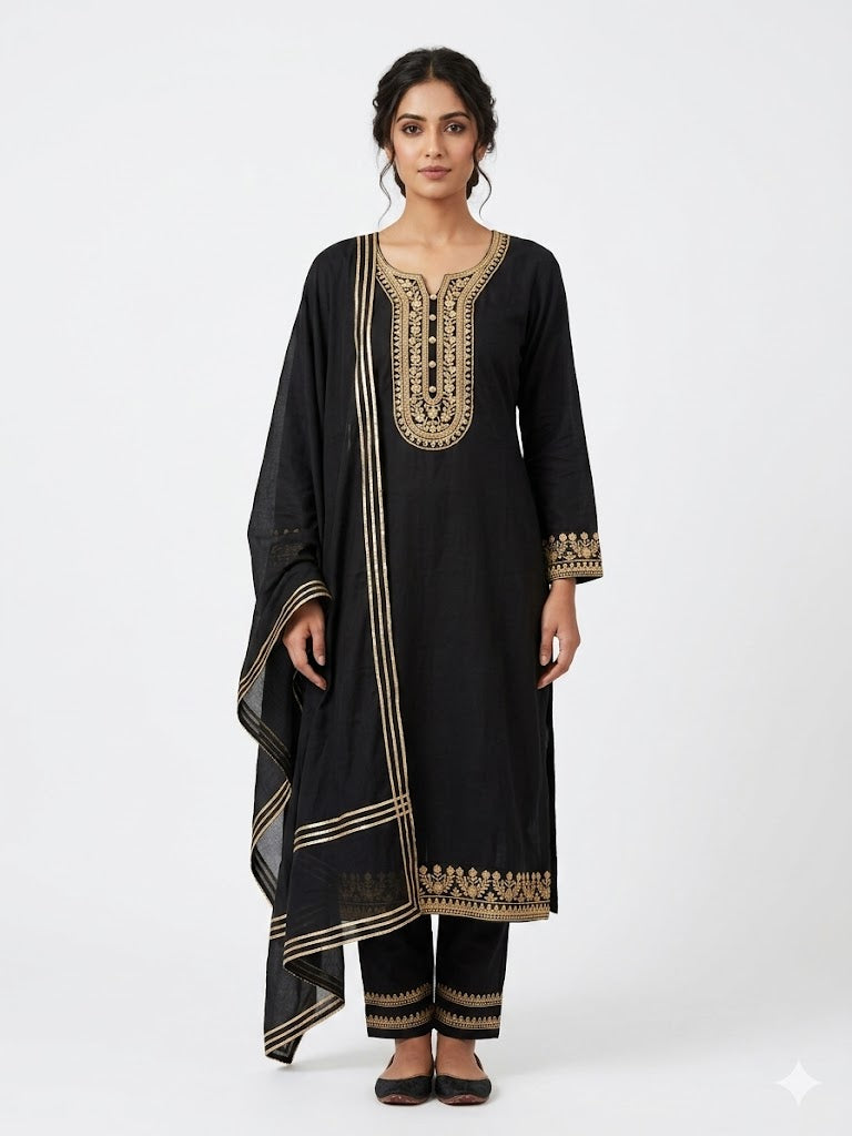 Black Embroidered Cotton Kurta Set with Pants