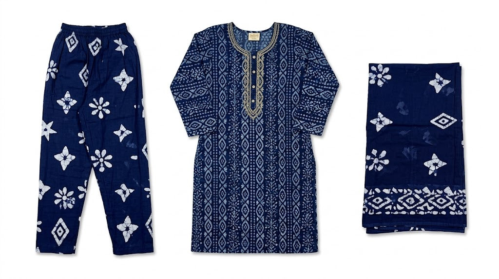 Navy Blue Geometric Printed Cotton Kurta Set with Dupatta