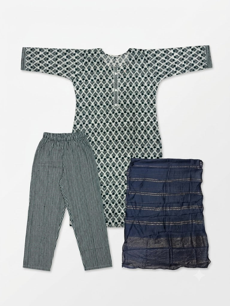 Grey Geometric Printed Cotton Kurta Set with Woven Dupatta