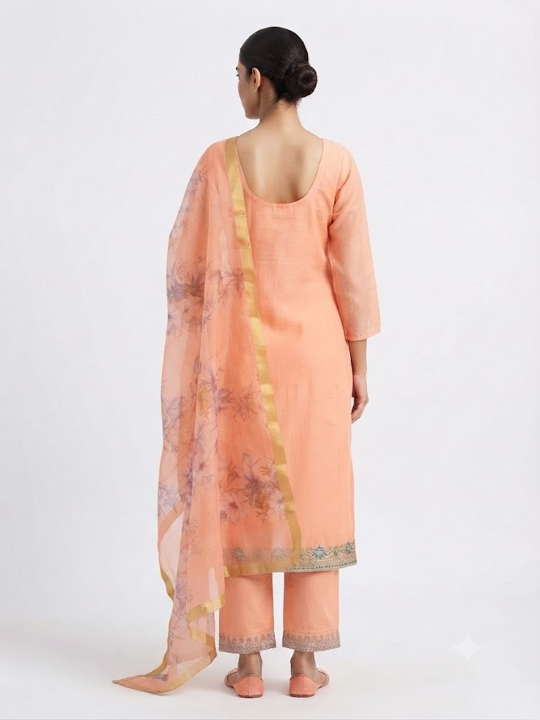 Peach Floral Printed Cotton Kurta Set with Organza Dupatta