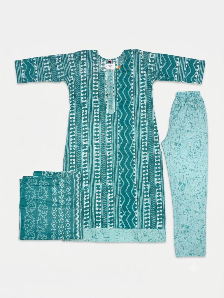 Women Mint Green Ethnic Printed Kurta Set with Dupatta & Pants | Everyday Elegance Suit Set