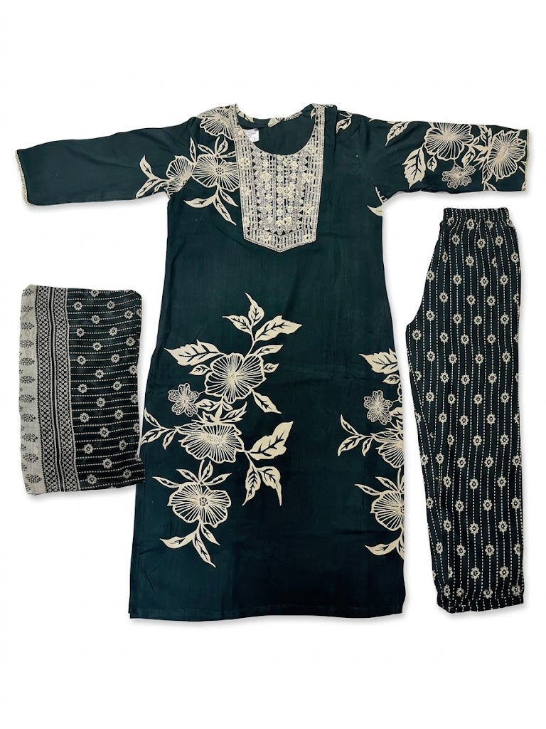 Teal Floral Printed Cotton Kurta Set with Dupatta