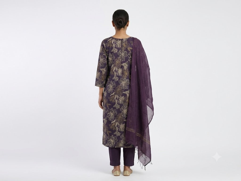 Purple Floral Printed Cotton Kurta Set with Dupatta