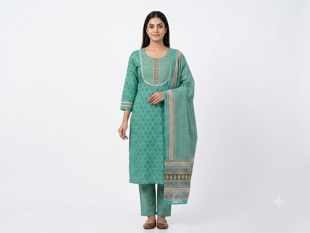 Turquoise Printed Cotton Kurta Set with Dupatta