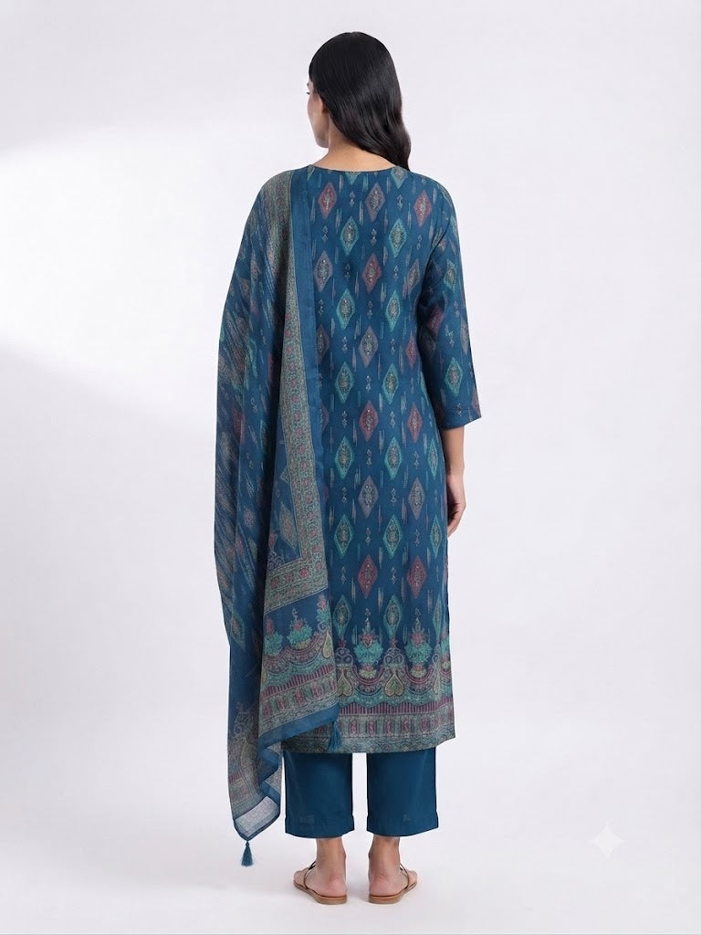 Navy Blue Ethnic Printed Cotton Kurta Set with Dupatta