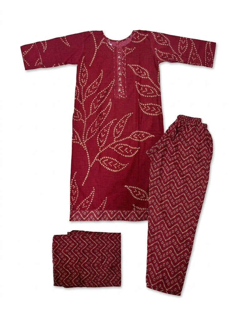 Maroon Bandhani Printed Cotton Kurta Set with Dupatta
