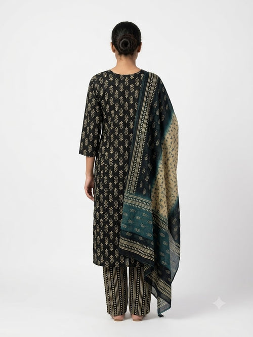 Black Ethnic Printed Cotton Kurta Set with Dupatta