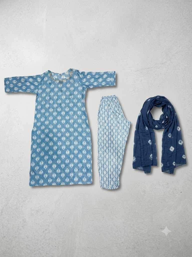 Powder Blue Buti Printed Cotton Kurta Set with Dupatta