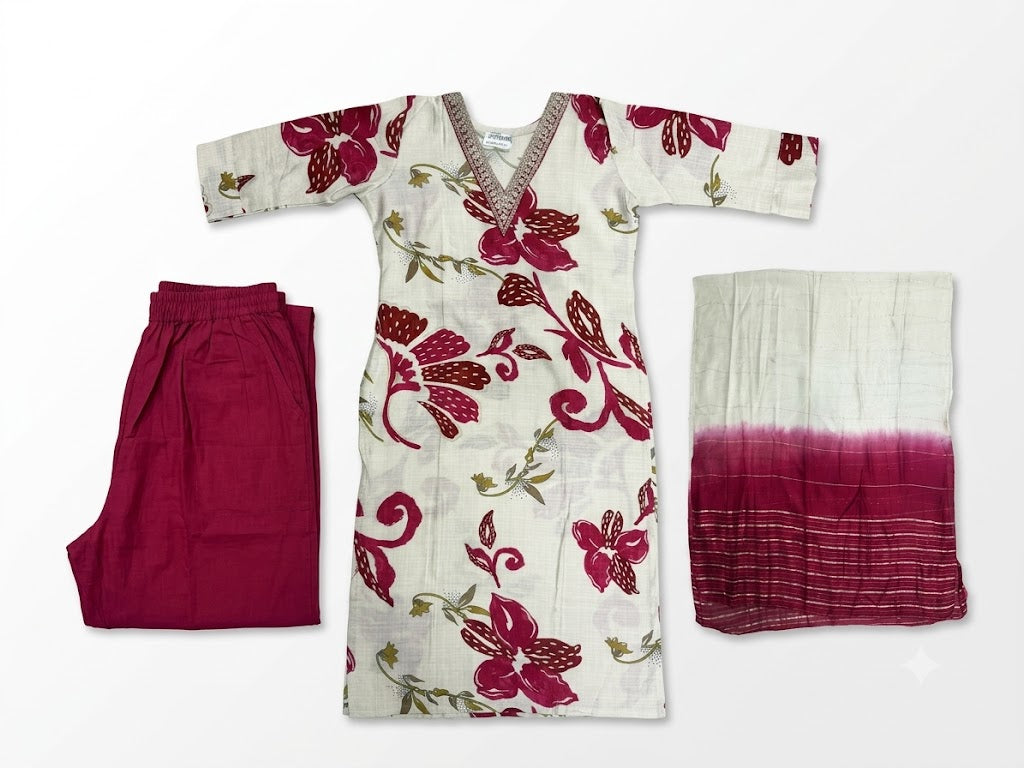 White Floral Printed Cotton Kurta Set with Ombre Dupatta