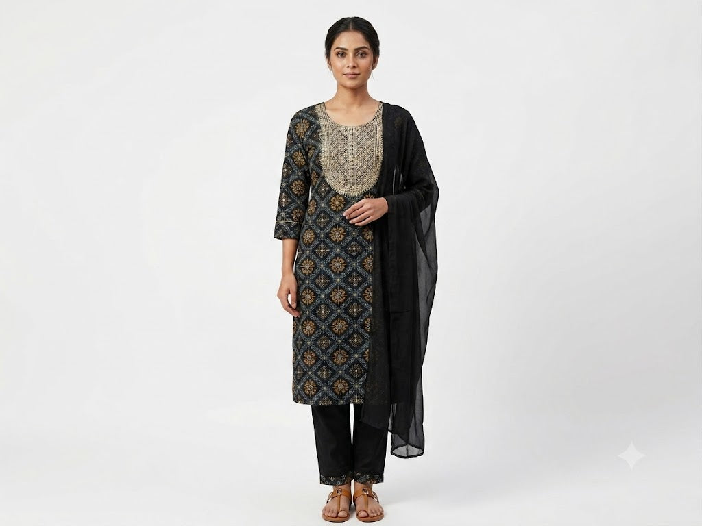 Black Geometric Printed Cotton Kurta Set with Chiffon Dupatta