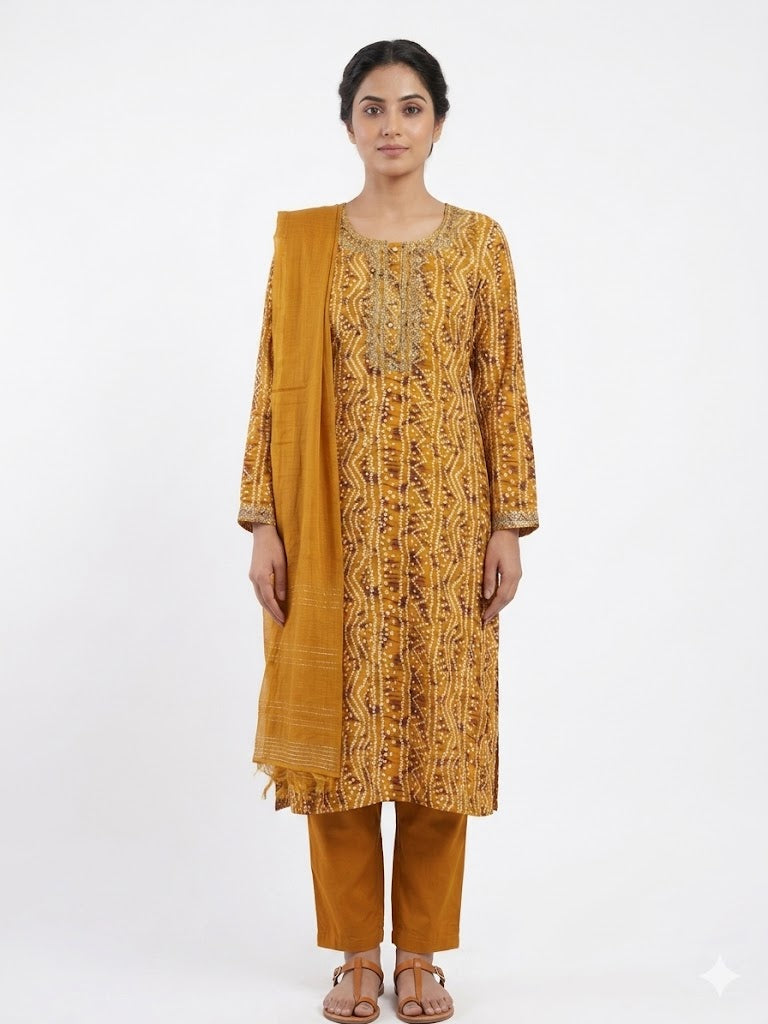 Mustard Paisley Printed Cotton Kurta Set with Dupatta