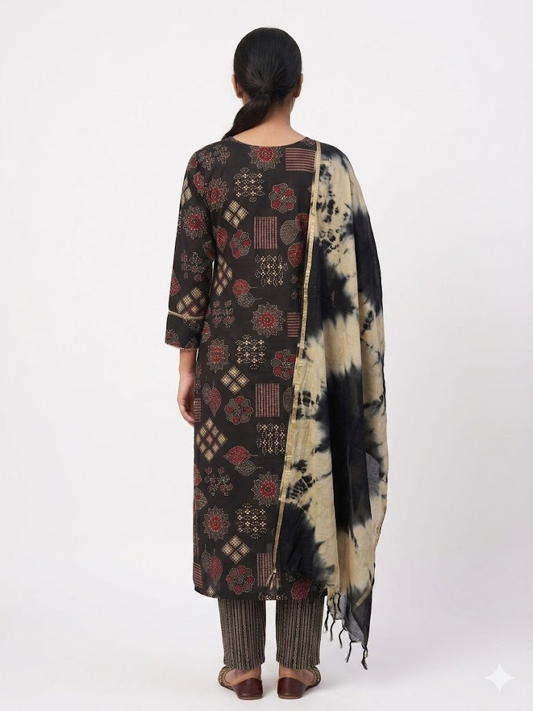 Black Floral Printed Cotton Kurta Set with Tie-Dye Dupatta
