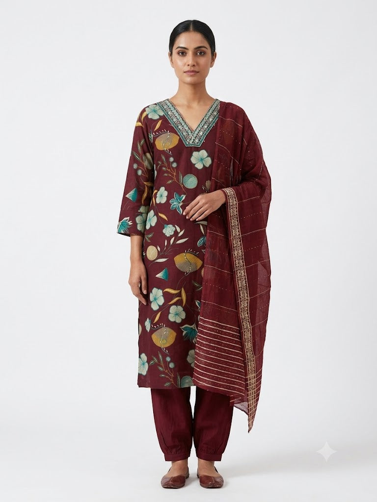Wine Floral Printed Cotton Kurta Set with Striped Dupatta