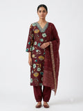 Wine Floral Printed Cotton Kurta Set with Striped Dupatta