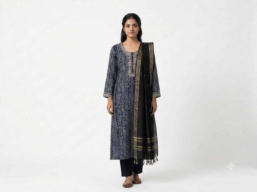 Navy Blue Geometric Printed Cotton Kurta Set with Dupatta