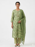 Olive Green Floral Printed Cotton Kurta Set with Dupatta