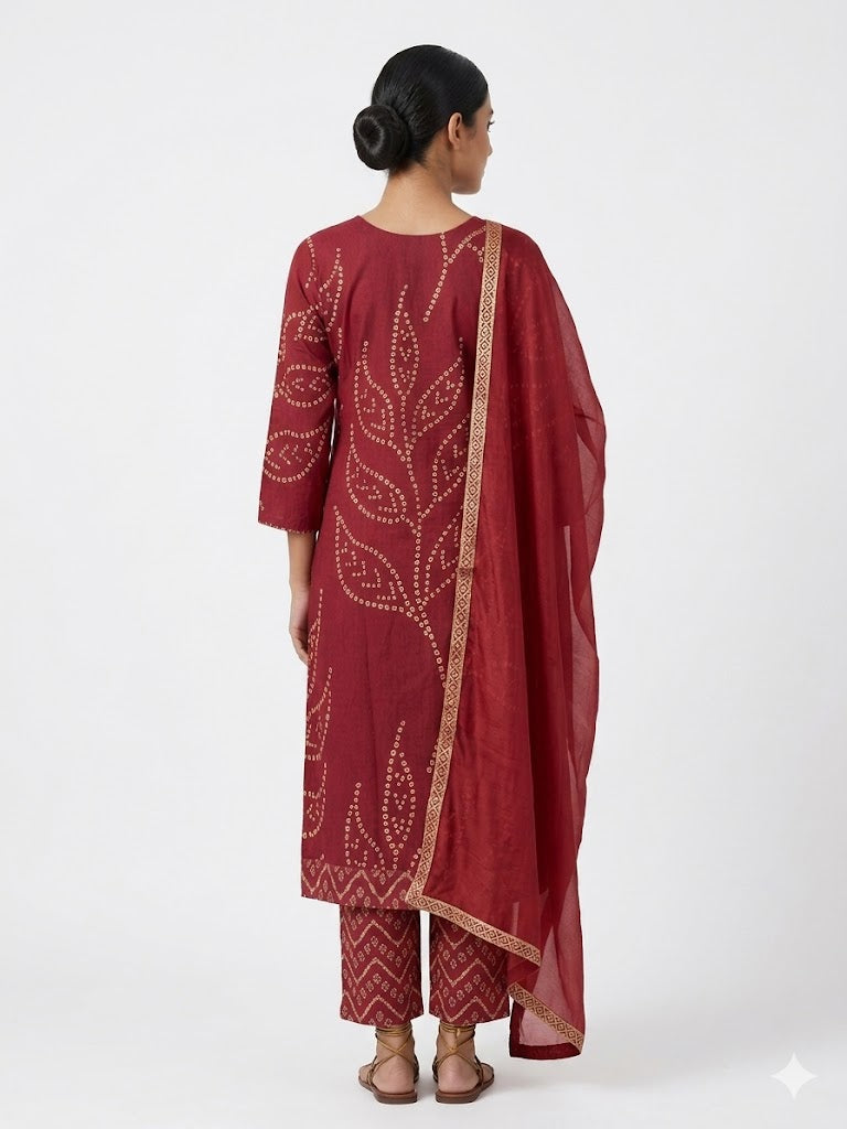 Maroon Bandhani Printed Cotton Kurta Set with Dupatta