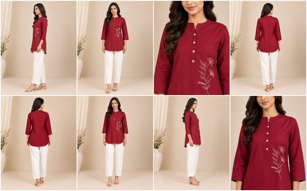 Floral Embroidered Women’s Cotton Slub Kurti Pant Set